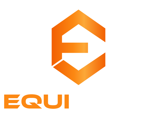 Equibuild Logo united in construction logo in orange and white on a black background